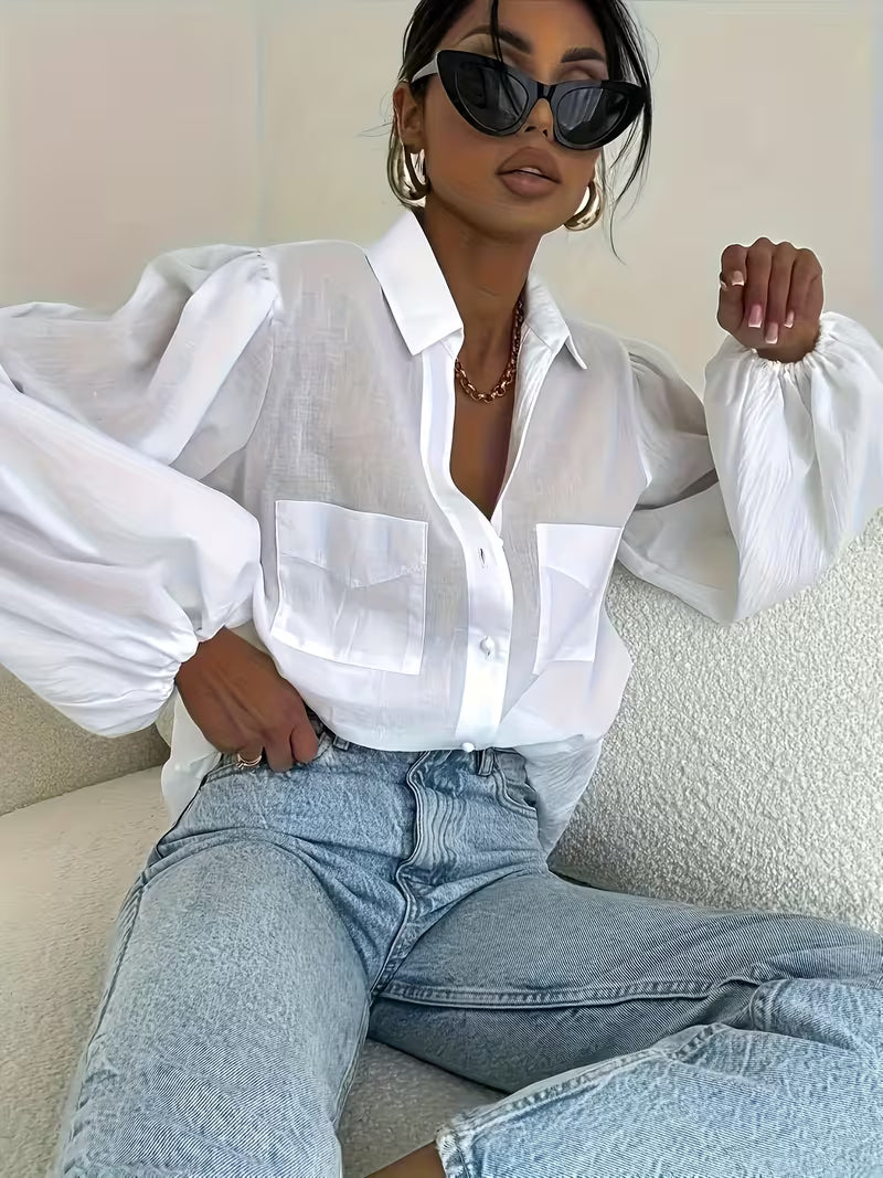 Women'S Elegant Blouse - White Stand-Up Collar Semi-Formal Top, Suitable for Daily And Formal Wear, Machine Washable Versatile Solid Classic Button-Up Shirt, Convenient Care Fabric