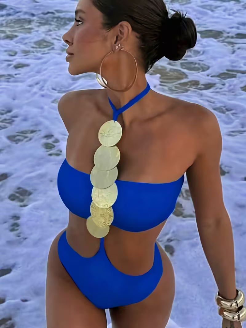 Women'S Sexy Solid Neck Sequin One-Piece Swimsuit
