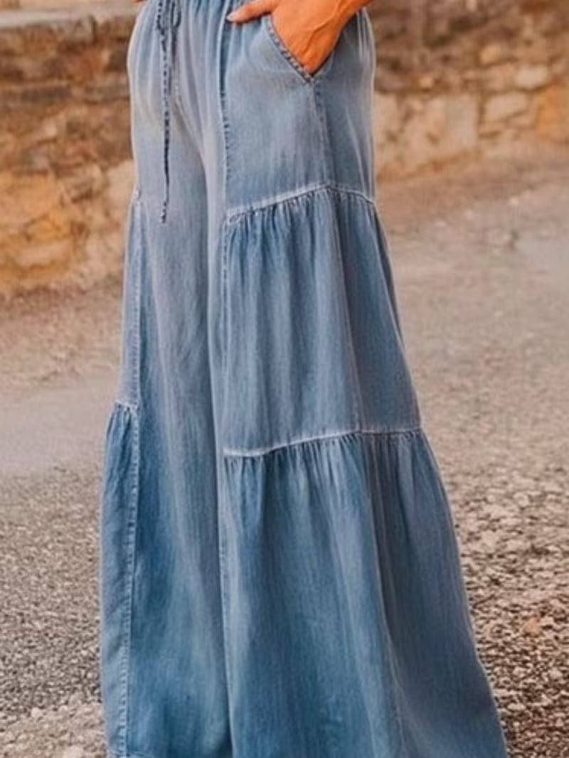 [Printed Pants - Not Denim Fabric] Light Blue Drawstring Waist Multi-Layer Ruffled Faux Denim Wide-Leg Pants for Women | Vintage-inspired Relaxed Vacation-chic Piece, Perfect for Outdoor Outings, Casual Getaways, and Spring/summer Occasions.