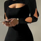 Women'S Sexy Black Slim Dress, Long-Sleeved Elastic Fabric, Versatile for Spring, Summer And Autumn,