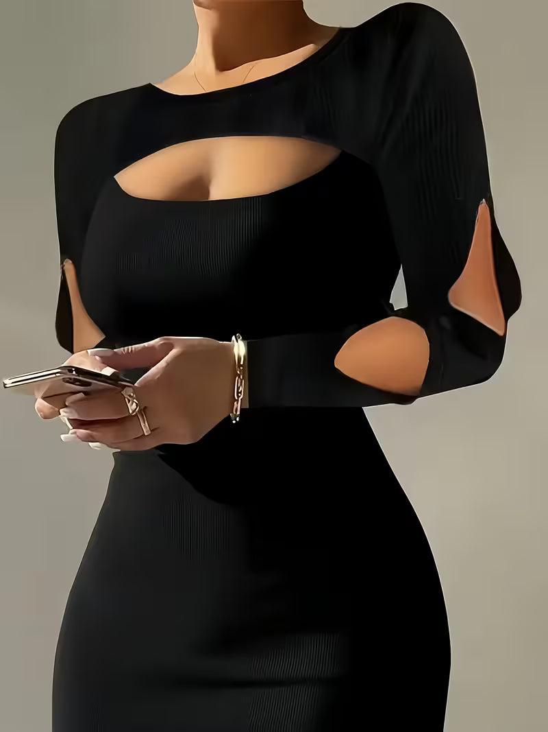 Women'S Sexy Black Slim Dress, Long-Sleeved Elastic Fabric, Versatile for Spring, Summer And Autumn,