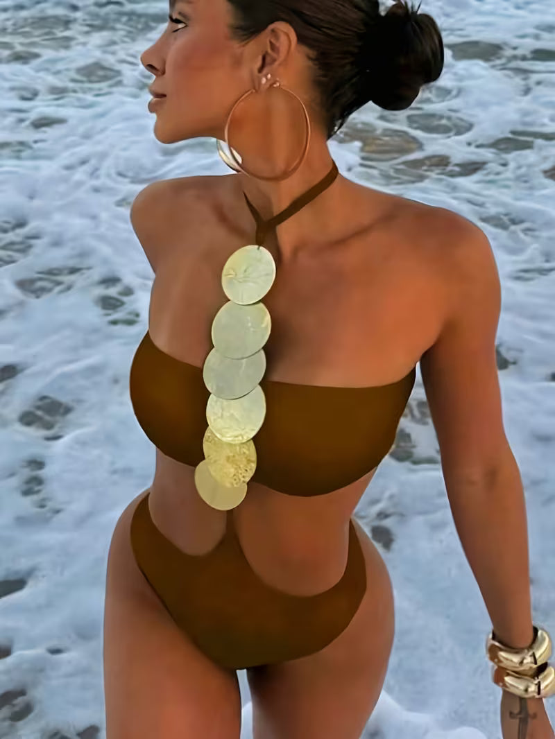 Women's Sexy Solid Neck Sequin 1pc Swimsuit