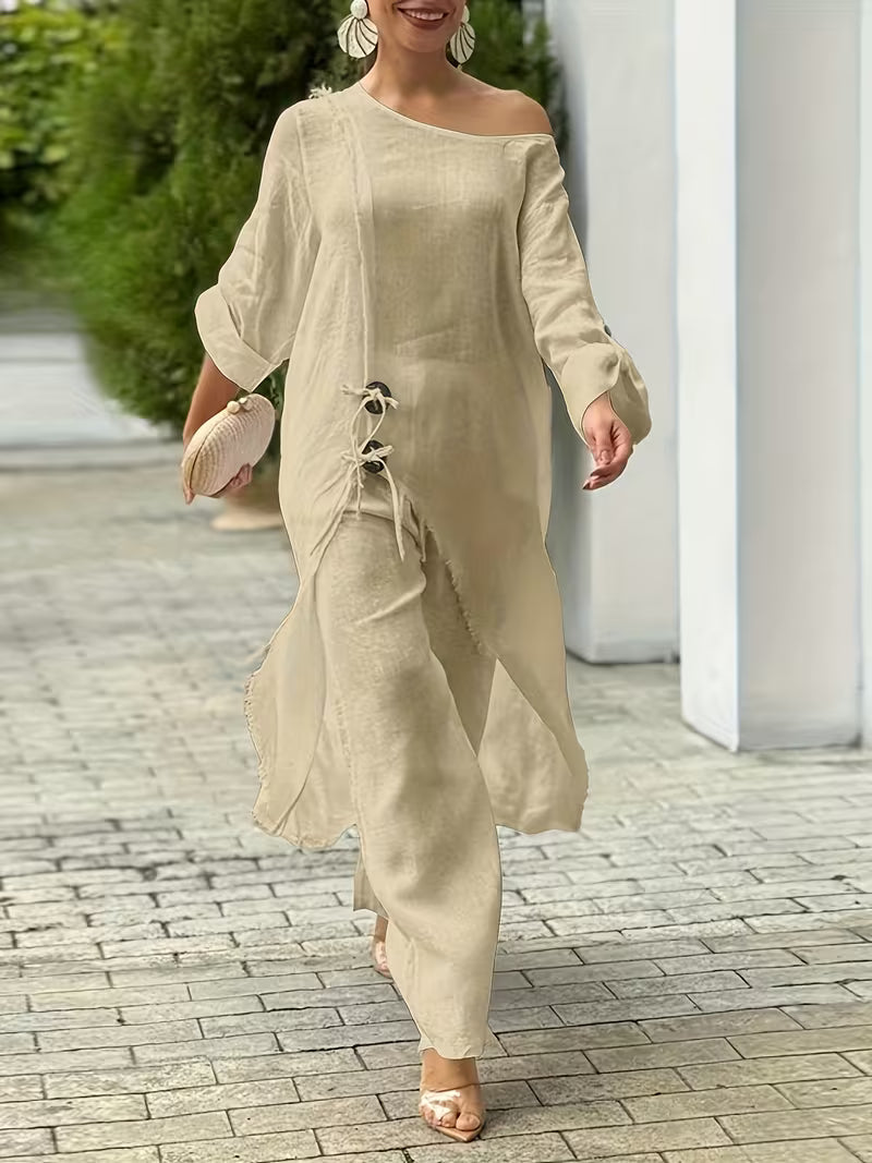 2pcs Strapless Long Sleeve Top And Wide Leg Pants Set