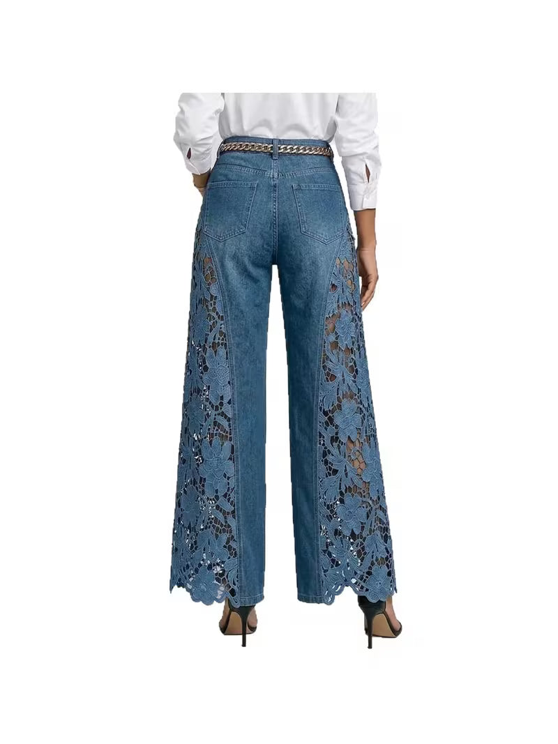 High-Waisted Wide-Leg Pants for Women, Spring/Summer Fashionable and Versatile, Hollow Lace Patchwork Denim Draped Pants for Women