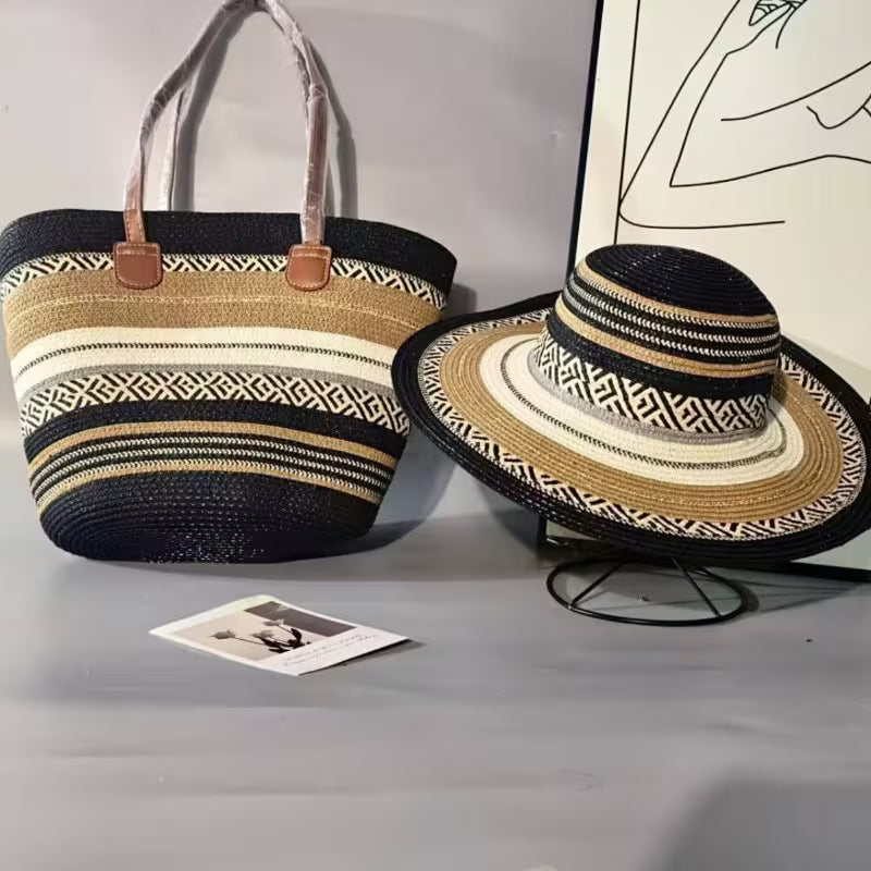 2pcs Set of Straw Hat and Woven Bag for Vacation Style, Sun Hat and Fashionable Tote Bag Set
