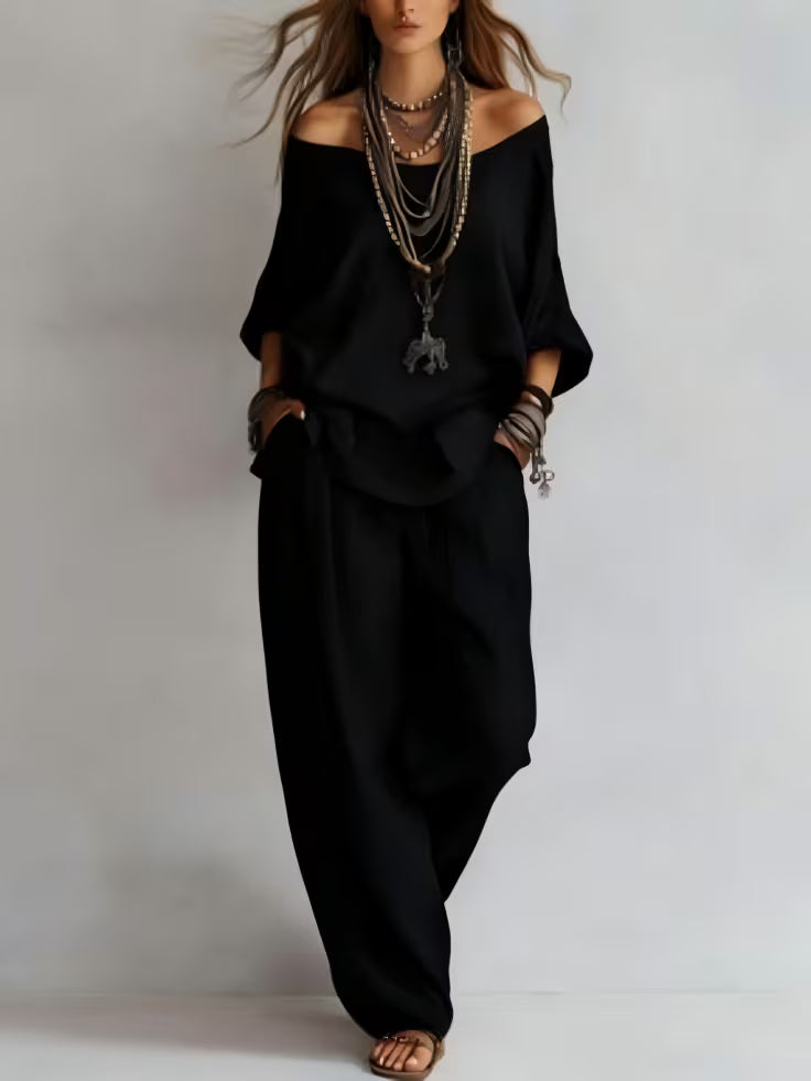American Luxury High-End Women'S Clothing Boutique 2026 New Summer European And American Style Women'S Two-Piece Suit, Casual Loose One-Shoulder Three-Quarter Sleeve Top And Wide-Leg Pants