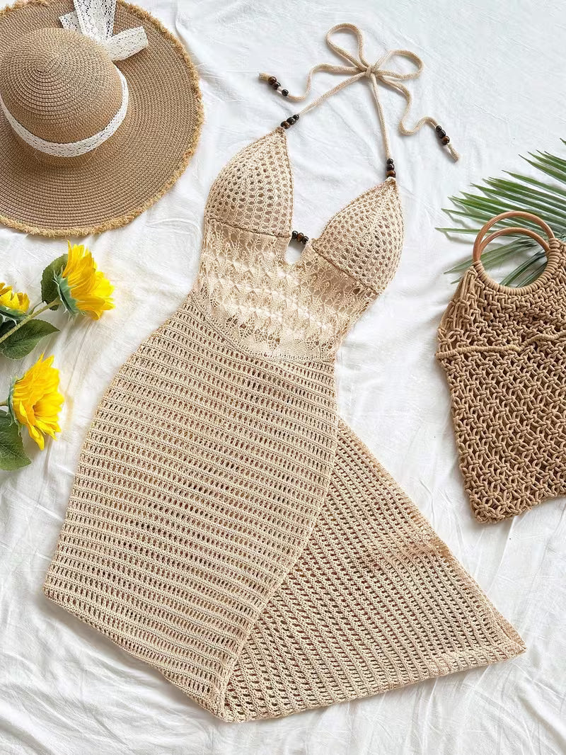 Women' Boho Hollow Out Crochet Maxi Dress - Halter Neck Mermaid Beach Dress with Backless Cover Up, Sleeveless Semi-Sheer Sundress Suitable for Vacation Pool Party, Poolside Wedding Guest Dress, Holiday Travel Dress