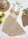 Women' Boho Hollow Out Crochet Maxi Dress - Halter Neck Mermaid Beach Dress with Backless Cover Up, Sleeveless Semi-Sheer Sundress Suitable for Vacation Pool Party, Poolside Wedding Guest Dress, Holiday Travel Dress