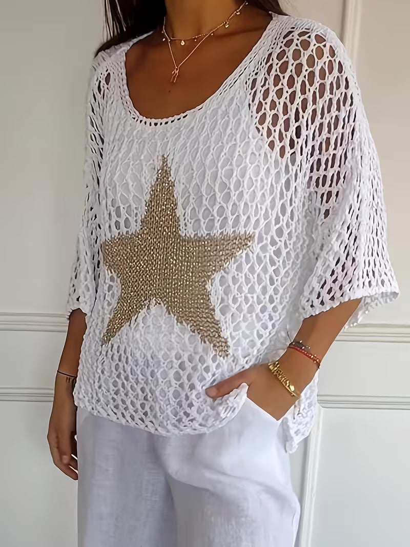 Women's Loose Hollow-Out Star Cover-Up, Round Neck Shirt, Summer Swimwear Cover-Up
