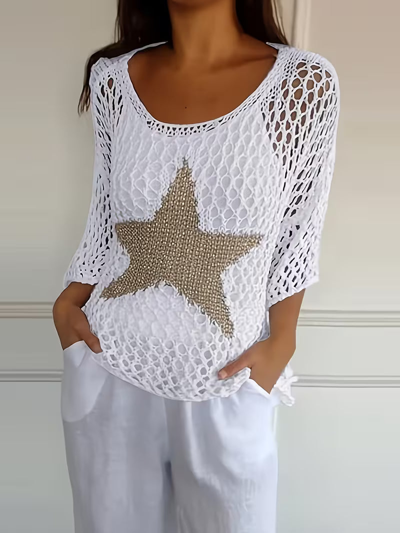 Women's Loose Hollow-Out Star Cover-Up, Round Neck Shirt, Summer Swimwear Cover-Up