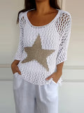 Women's Loose Hollow-Out Star Cover-Up, Round Neck Shirt, Summer Swimwear Cover-Up