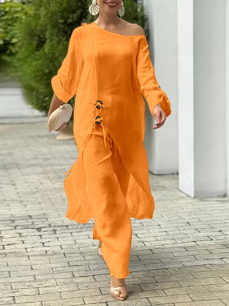 2pcs Strapless Long Sleeve Top And Wide Leg Pants Set
