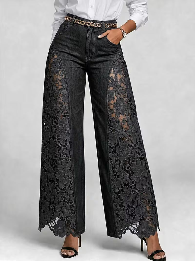 High-Waisted Wide-Leg Pants for Women, Spring/Summer Fashionable and Versatile, Hollow Lace Patchwork Denim Draped Pants for Women
