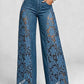 High-Waisted Wide-Leg Pants for Women, Spring/Summer Fashionable and Versatile, Hollow Lace Patchwork Denim Draped Pants for Women
