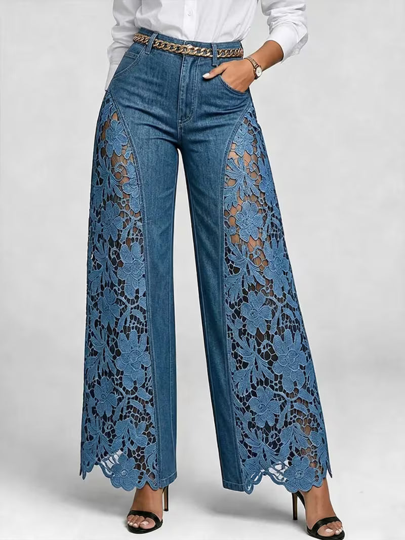 High-Waisted Wide-Leg Pants for Women, Spring/Summer Fashionable and Versatile, Hollow Lace Patchwork Denim Draped Pants for Women