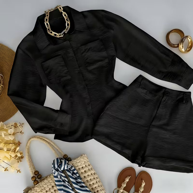 Women'S Solid Color Shirt Shorts Set
