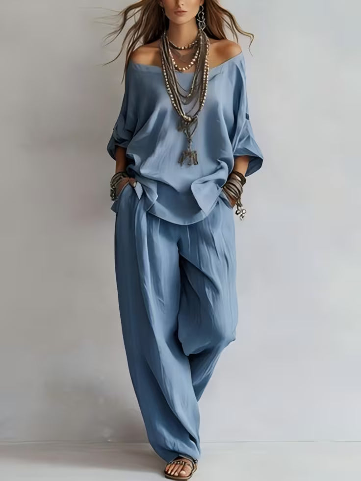 American Luxury High-End Women'S Clothing Boutique 2026 New Summer European And American Style Women'S Two-Piece Suit, Casual Loose One-Shoulder Three-Quarter Sleeve Top And Wide-Leg Pants