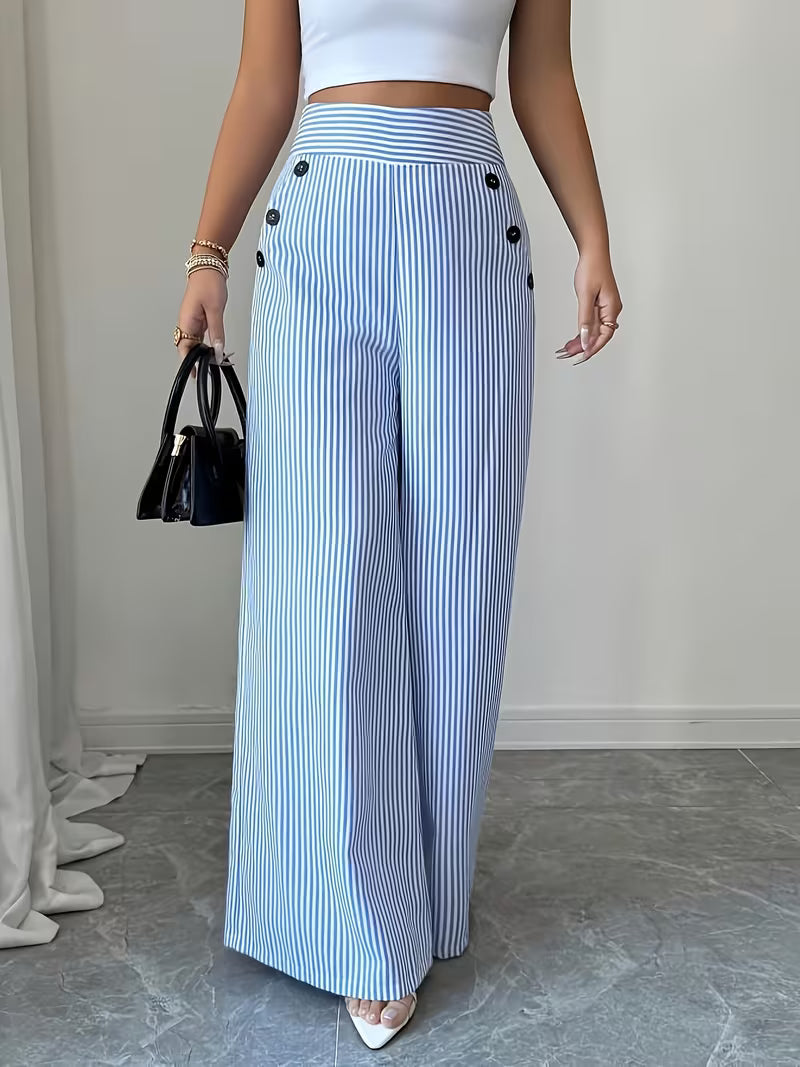 Women'S New Trousers Spring And Summer Fashion Easy Elegant Blue And White Striped Trousers, High Waist Straight Loose Casual Women'S Pants