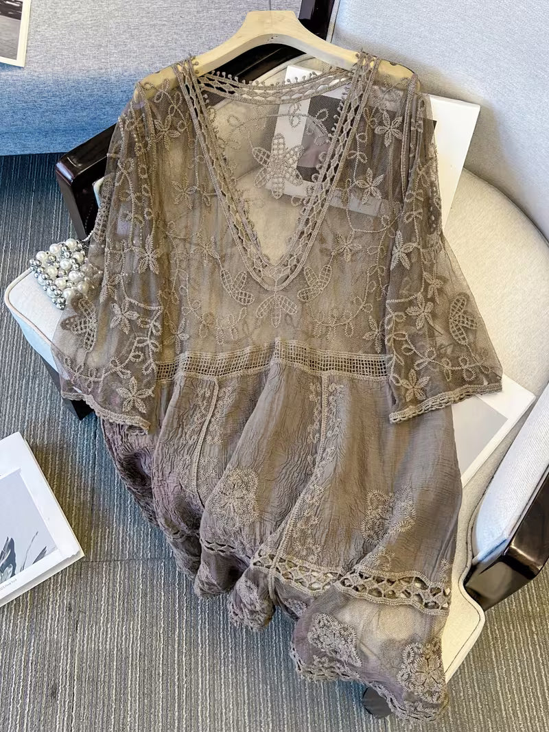 Summer Women'S V-Neck Pullover with Mesh Patchwork, Embroidered Hollow Half-Sleeve Top, Casual Lightweight Loose Shirt for Vacation Outings