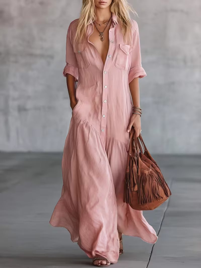 Womens Sexy Retro Shirt Dress Summer Button Maxi Dress Stretchy Slim Fit Long Dress Elegant Linen Feel Big Hem Sun Dress French Style Beach Vacation Outfits Fashion Casual Flowy Party Dress with Pockets for Ladies Chic Holiday Gown
