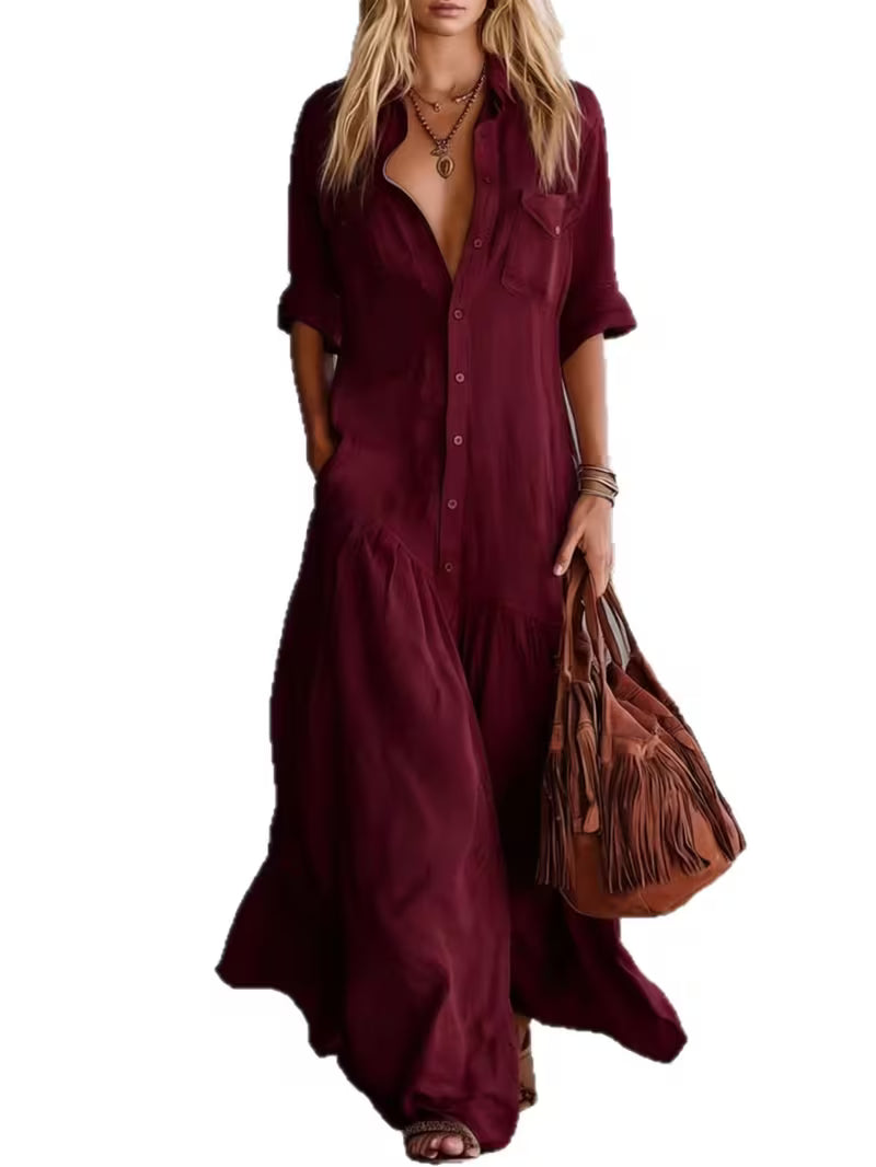Womens Sexy Retro Shirt Dress Summer Button Maxi Dress Stretchy Slim Fit Long Dress Elegant Linen Feel Big Hem Sun Dress French Style Beach Vacation Outfits Fashion Casual Flowy Party Dress with Pockets for Ladies Chic Holiday Gown
