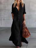 Womens Sexy Retro Shirt Dress Summer Button Maxi Dress Stretchy Slim Fit Long Dress Elegant Linen Feel Big Hem Sun Dress French Style Beach Vacation Outfits Fashion Casual Flowy Party Dress with Pockets for Ladies Chic Holiday Gown