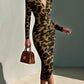 Women'S Brown & Black Leopard Print Deep-V Slim-Fit Dress | Retro Wild Style, Suitable for Luxury Social Events, Party Occasions, And Daily Streetwear