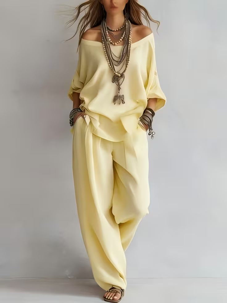 American Luxury High-End Women'S Clothing Boutique 2026 New Summer European And American Style Women'S Two-Piece Suit, Casual Loose One-Shoulder Three-Quarter Sleeve Top And Wide-Leg Pants