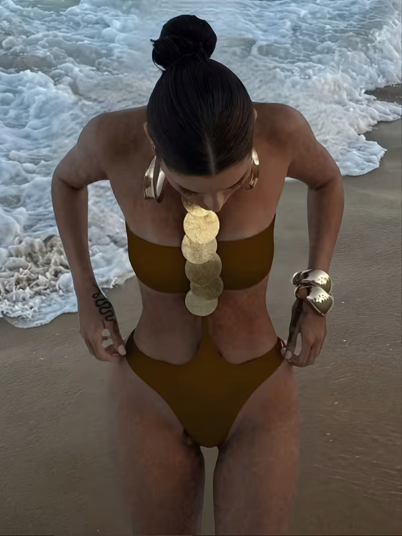 Women's Sexy Solid Neck Sequin 1pc Swimsuit