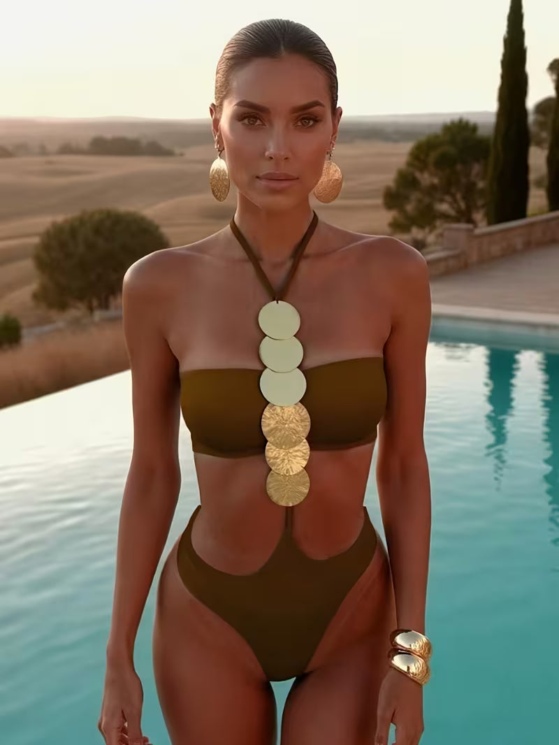Women's Sexy Solid Neck Sequin 1pc Swimsuit