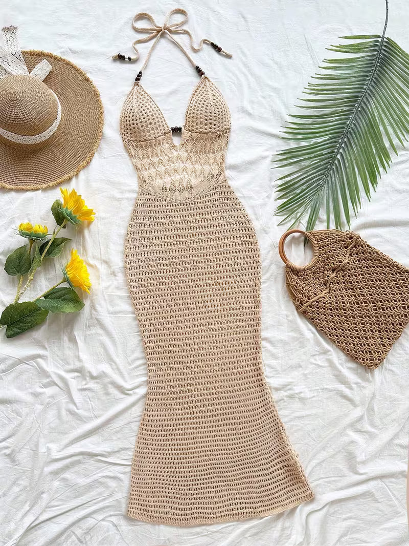 Women' Boho Hollow Out Crochet Maxi Dress - Halter Neck Mermaid Beach Dress with Backless Cover Up, Sleeveless Semi-Sheer Sundress Suitable for Vacation Pool Party, Poolside Wedding Guest Dress, Holiday Travel Dress