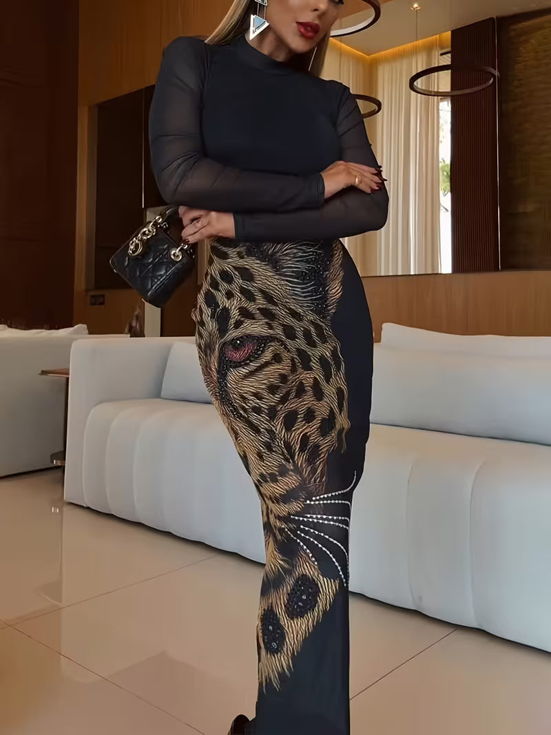 Women's Leopard Print Tiger Print Dress, Elegant Long Skirt with Leopard Print and Fitted Hip Design, Sexy Slim-fit Long Sleeves, Suitable for All Seasons Including Spring, Summer, Autumn, and Winter. Perfect for Beach Vacations, Outings