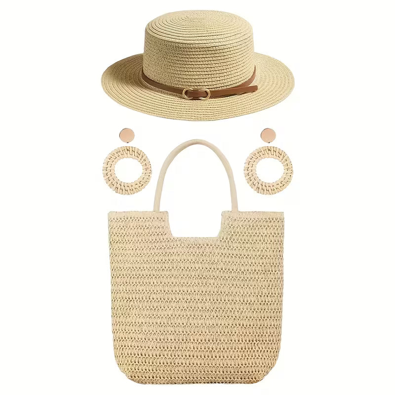 3pcs Women's Fashionable Beach Set, Sun Hat, Beach Hat, Beach Bag, Handbag, Earrings, Suitable for Outdoor Beach T