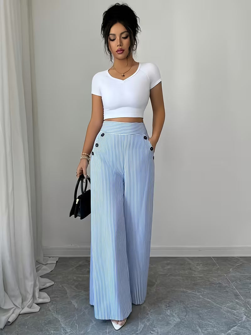 Women'S New Trousers Spring And Summer Fashion Easy Elegant Blue And White Striped Trousers, High Waist Straight Loose Casual Women'S Pants