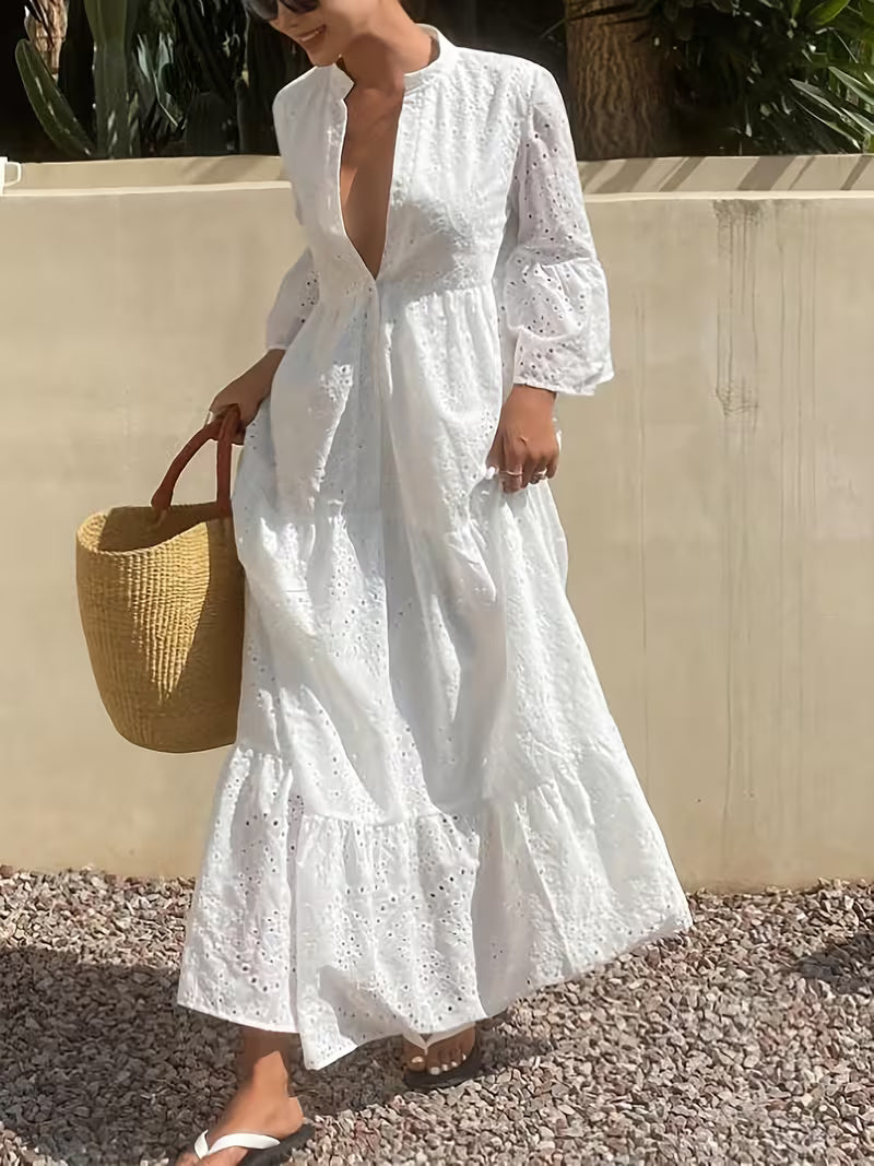 Women's Elegant Maxi Dress - Three-Quarter Sleeve Formal & Casual Gown, Flowy Long Dress for Parties, Office, Everyday - Lightweight & Easy-Care Women's Clothing, Office Attire, Loose Fit, Durable Material, Stylish Gown, Fashion Lovers