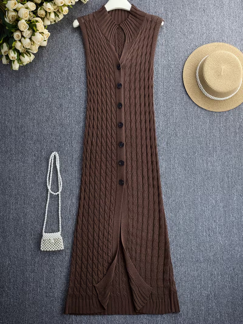 Elegant Cable Long Vest for Women – Sleeveless Stand-Up Collar Single-Breasted Design, Loose And Suitable for Spring, Summer And Autumn Layering