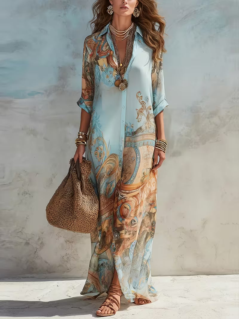 Casual Random Printed Lapel Button Long Slim-Fit Dress
