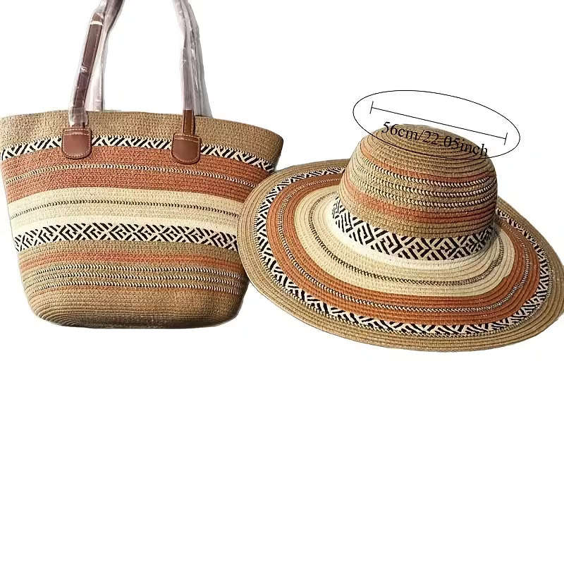 2pcs Set of Straw Hat and Woven Bag for Vacation Style, Sun Hat and Fashionable Tote Bag Set