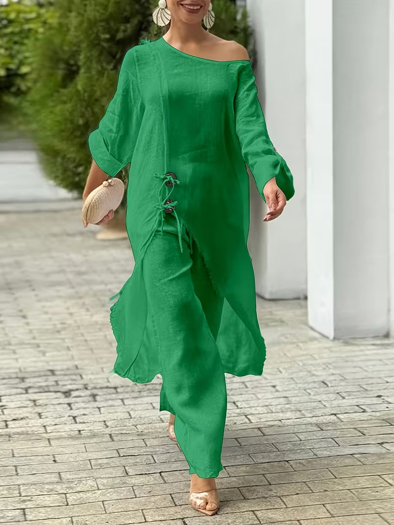 2pcs Strapless Long Sleeve Top And Wide Leg Pants Set