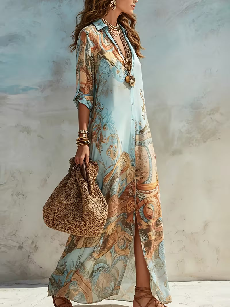 Casual Random Printed Lapel Button Long Slim-Fit Dress