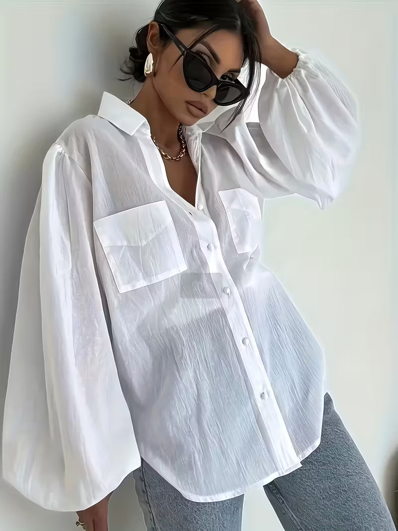 Ling Shuang Jiang BK0828006 Women'S Elegant Shirt - A White Collared Semi-Formal Top, Suitable for Both Casual And Formal Wear, Machine Washable, Versatile Solid Color Classic Button-Up, Made from Easy-Care Fabric