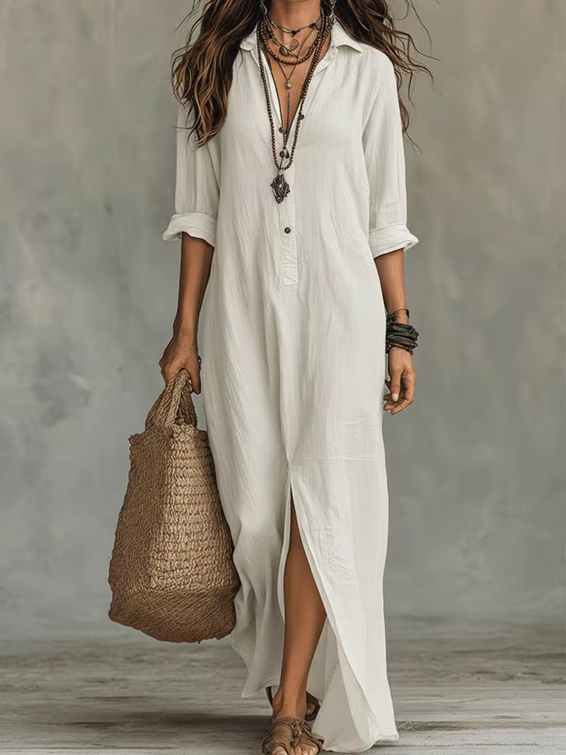 Women'S Summer Solid Lapel 3/4 Sleeve Midi Dress Front Split Casual Long Dress