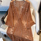 Women's Beach Bikini Cover-Up, Mesh Embroidered Hollow-Out Tie-Up Long Cardigan, Bohemian Style Thin Outerwear Vacation Top