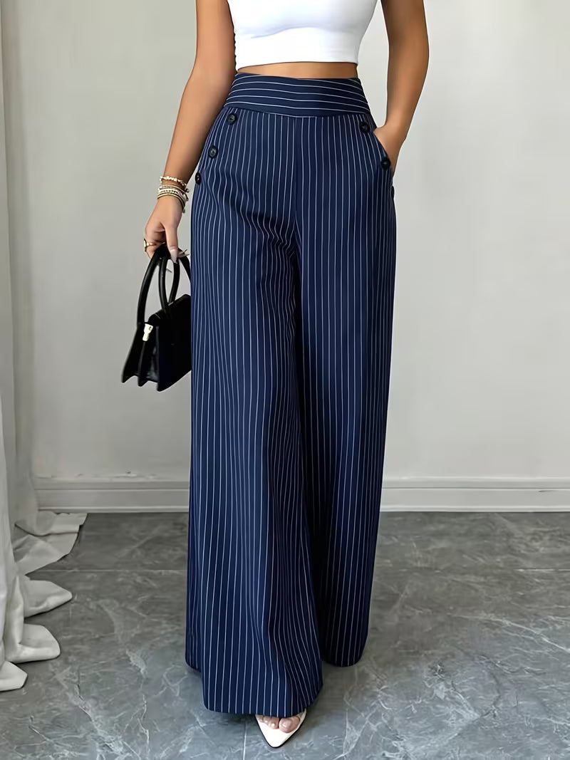 Women'S New Trousers Spring And Summer Fashion Easy Elegant Blue And White Striped Trousers, High Waist Straight Loose Casual Women'S Pants