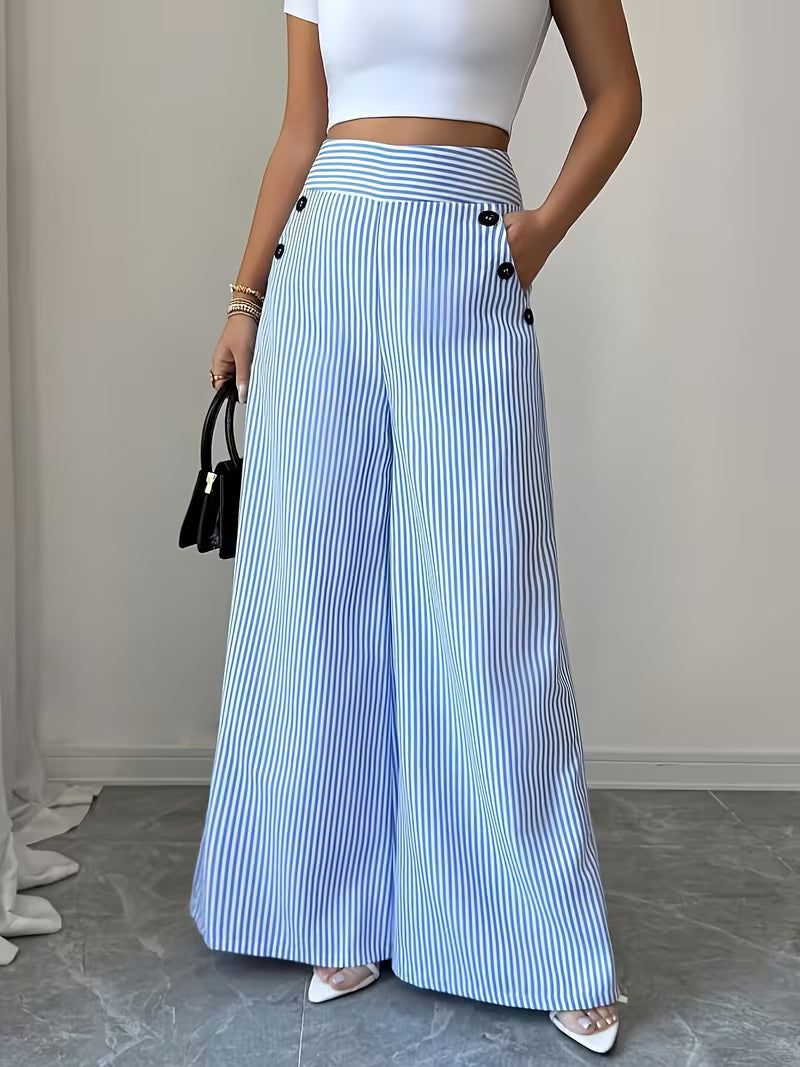 Women'S New Trousers Spring And Summer Fashion Easy Elegant Blue And White Striped Trousers, High Waist Straight Loose Casual Women'S Pants