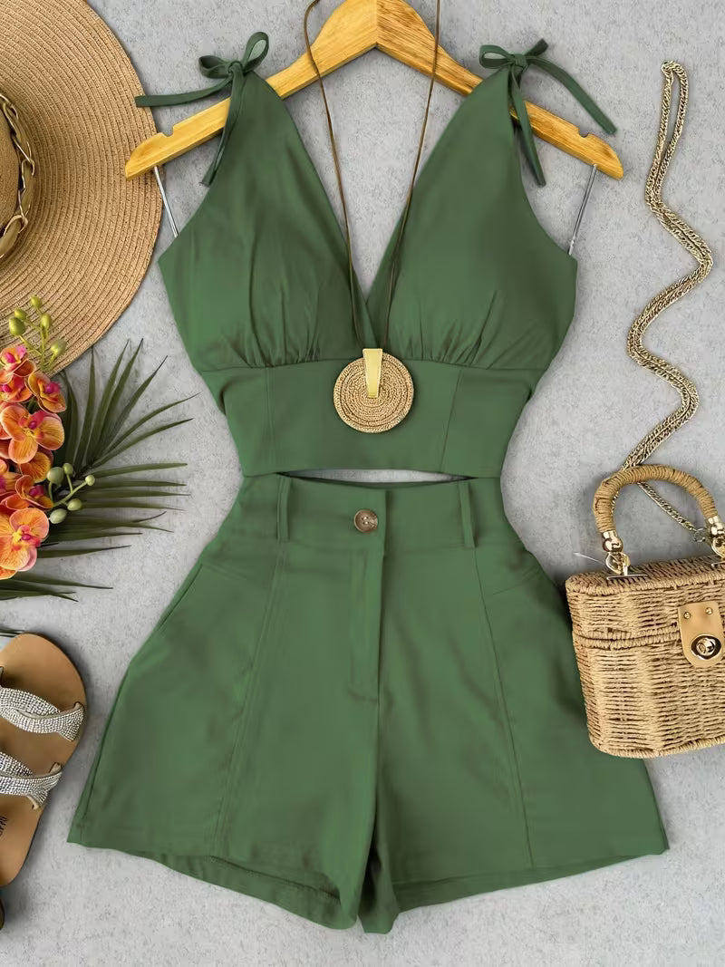 Solid Color Vintage Sleeveless Waist-Cinching Tank Top And Shorts Set for Spring And Summer. [Other Additions Are for Decoration Solely] ZLLZ