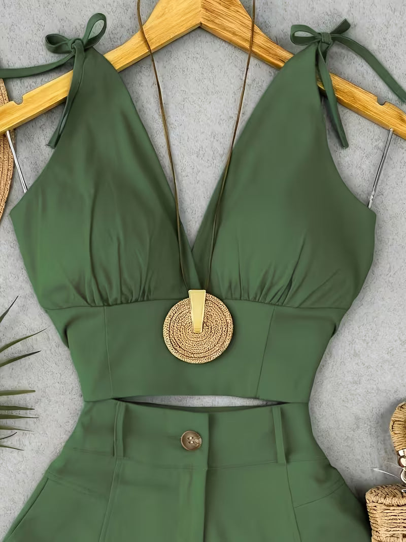 Solid Color Vintage Sleeveless Waist-Cinching Tank Top And Shorts Set for Spring And Summer. [Other Additions Are for Decoration Solely] ZLLZ