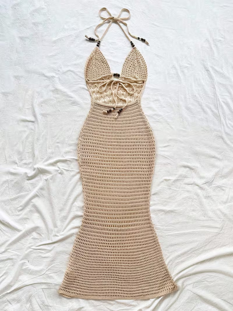 Women' Boho Hollow Out Crochet Maxi Dress - Halter Neck Mermaid Beach Dress with Backless Cover Up, Sleeveless Semi-Sheer Sundress Suitable for Vacation Pool Party, Poolside Wedding Guest Dress, Holiday Travel Dress