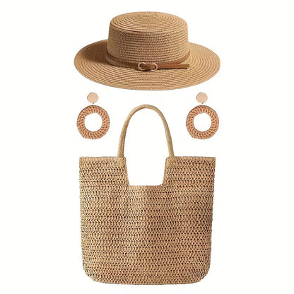 3pcs Women's Fashionable Beach Set, Sun Hat, Beach Hat, Beach Bag, Handbag, Earrings, Suitable for Outdoor Beach T