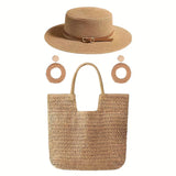 3pcs Women's Fashionable Beach Set, Sun Hat, Beach Hat, Beach Bag, Handbag, Earrings, Suitable for Outdoor Beach T